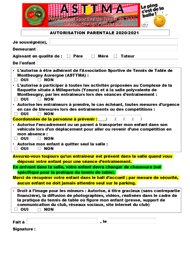 Autorisation Parentale 2021 pour les mineurs